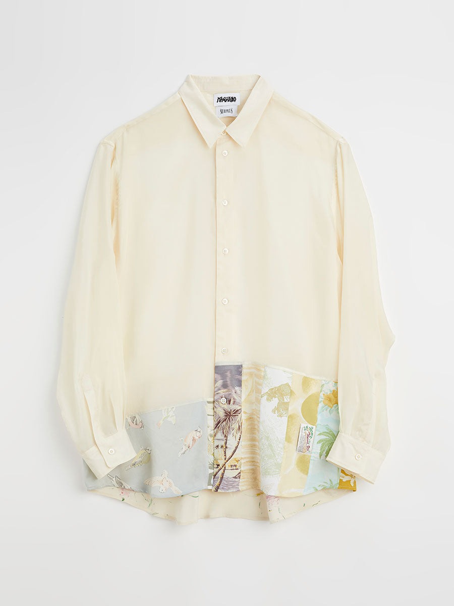 Magliano's Regular Fit Shirt in Cupro Habotai. Surplus Patch Decoration on the Bottom Edge. One of a Kind Detail